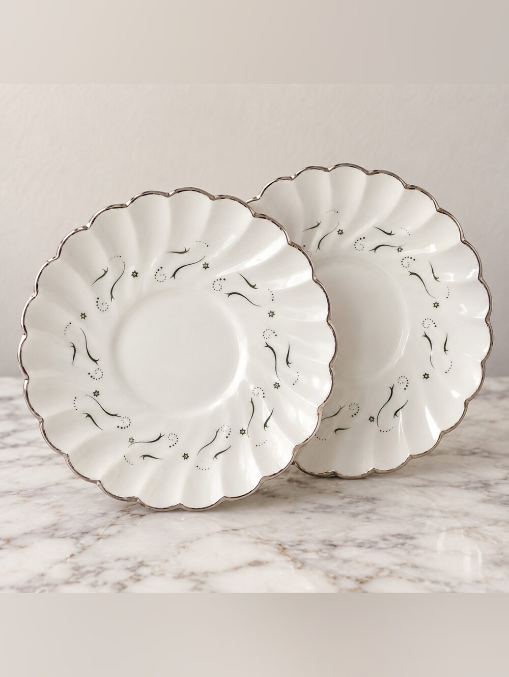Vintage Johnson Bros Snowhite Regency 6” Platinum Dessert Plates Pair